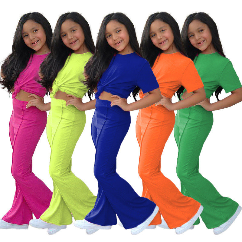 Girls' Short-sleeved Shirt Bell-bottom Pants Two-piece Set - Cindi Book