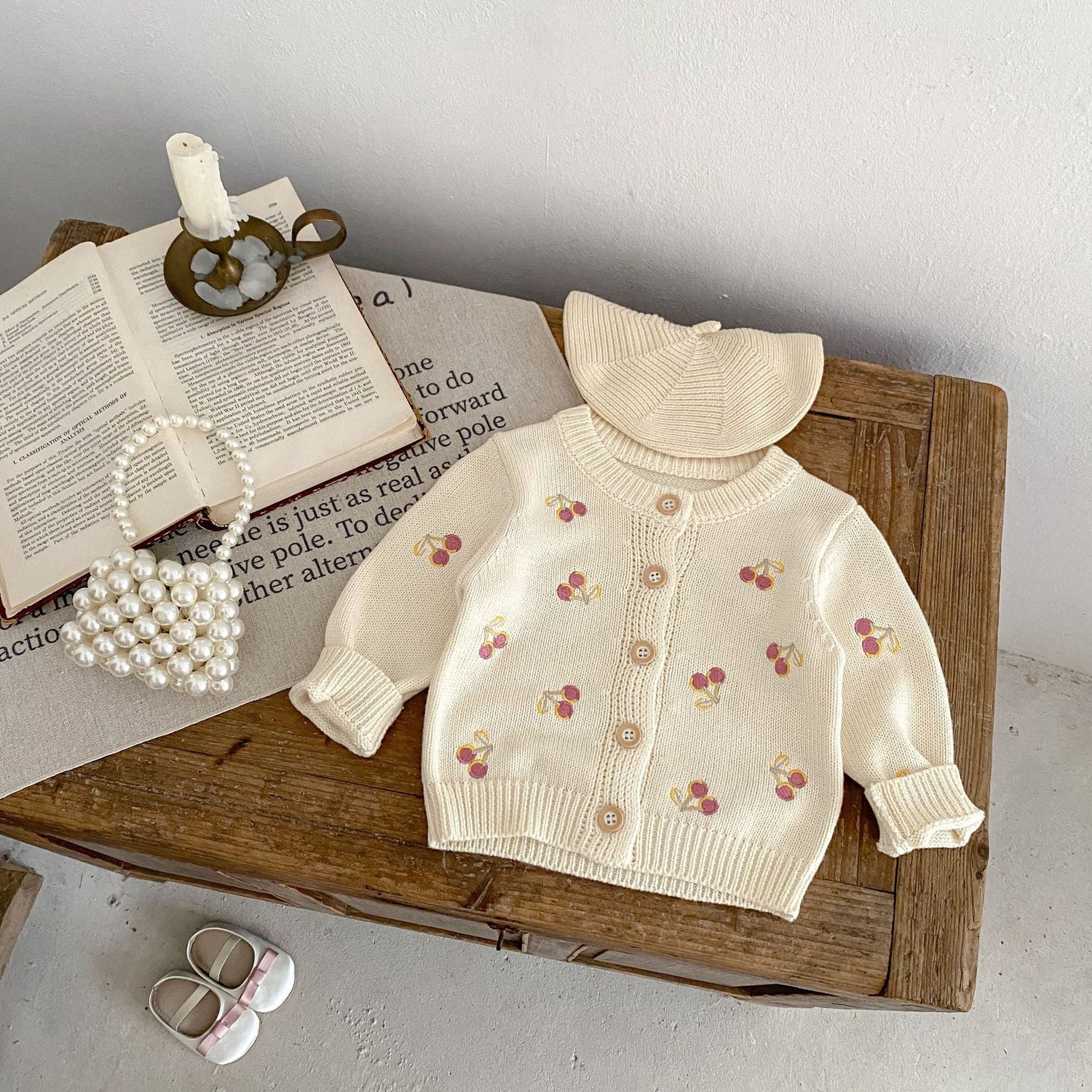 Cherry Embroidery Knitted Long Sleeve Coat Children's New Top