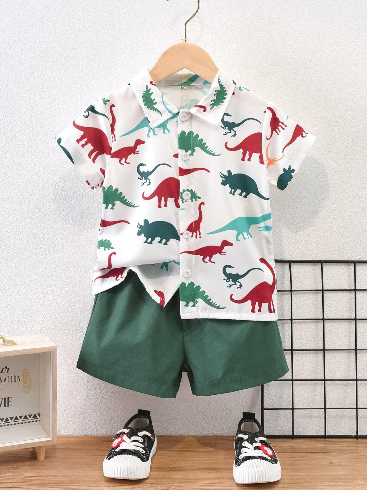 Baby Short Sleeve Shorts Cardigan Two-piece Set Animal Dinosaur Print - Cindi Book