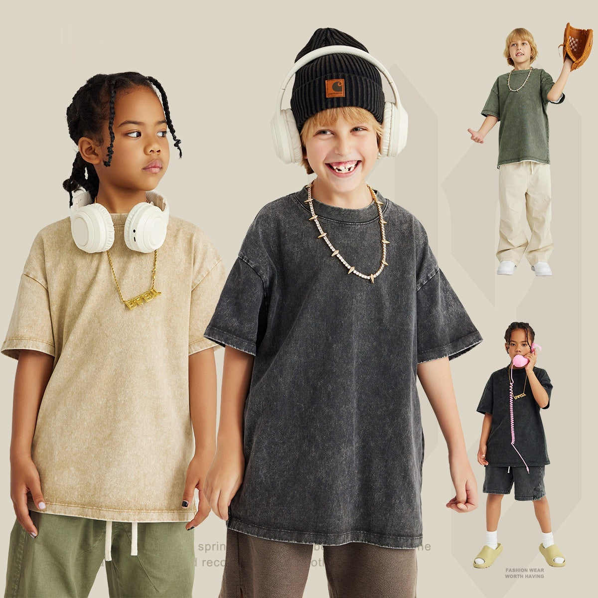 Washed Round Neck Short Sleeve Batik Children's T-shirt - Cindi Book