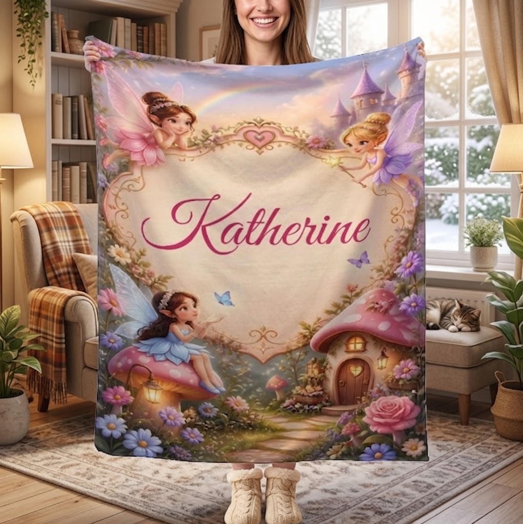 Personalized Fairy Blanket with Name | Fairy House & Gold Heart Frame | Cottagecore Girls Gift