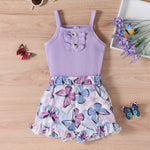 Cute Purple Strap Sunken Stripe Butterfly Shorts Two-piece Set - Cindi Book