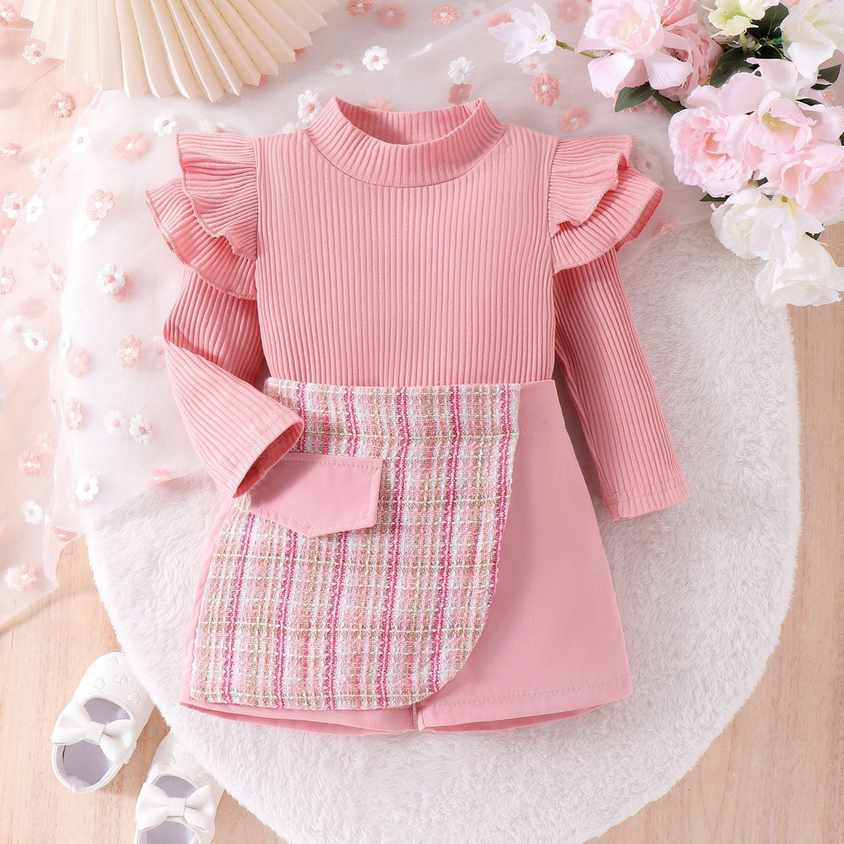 Trendy Style Girls' Skirt Set Solid Color Striped Long Sleeve Classic Style Culottes Two-piece Set - Cindi Book