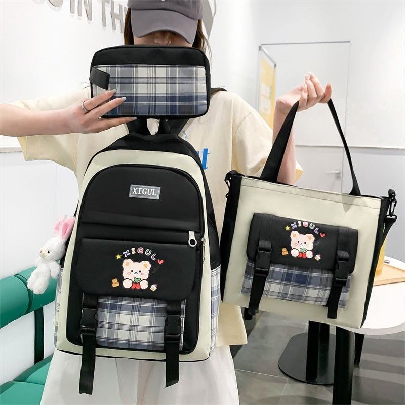 Large Capacity High School Plaid Three-piece Set Junior High School Student Elementary School Studebt Backpack - Cindi Book