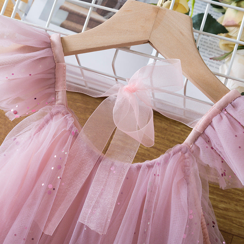 Girls Flounced Sleeve Dress Cute Star Mesh
