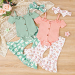 Girls' Short-sleeved Shirt Bell-bottom Pants Three-piece Set - Cindi Book
