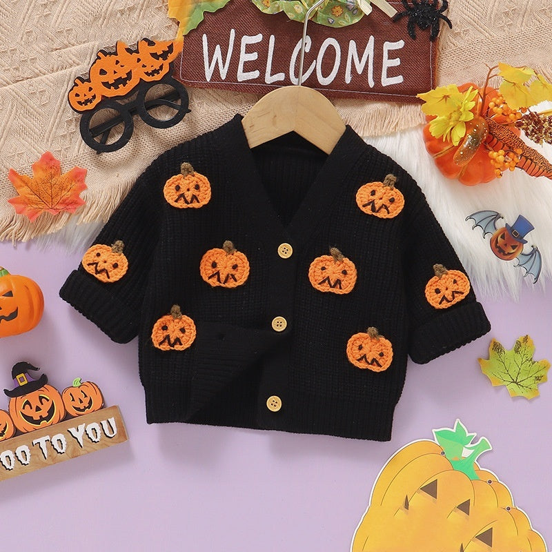 Baby Halloween Three-dimensional Pumpkin Pattern Knitted Long-sleeved V-neck Cardigan - Cindi Book