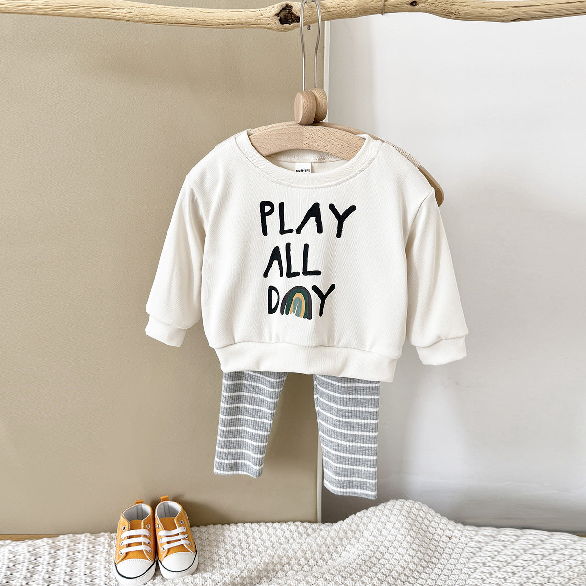 Loose Children's Clothing Letter Print Round Neck Long Sleeve Striped Trousers Suit - Cindi Book