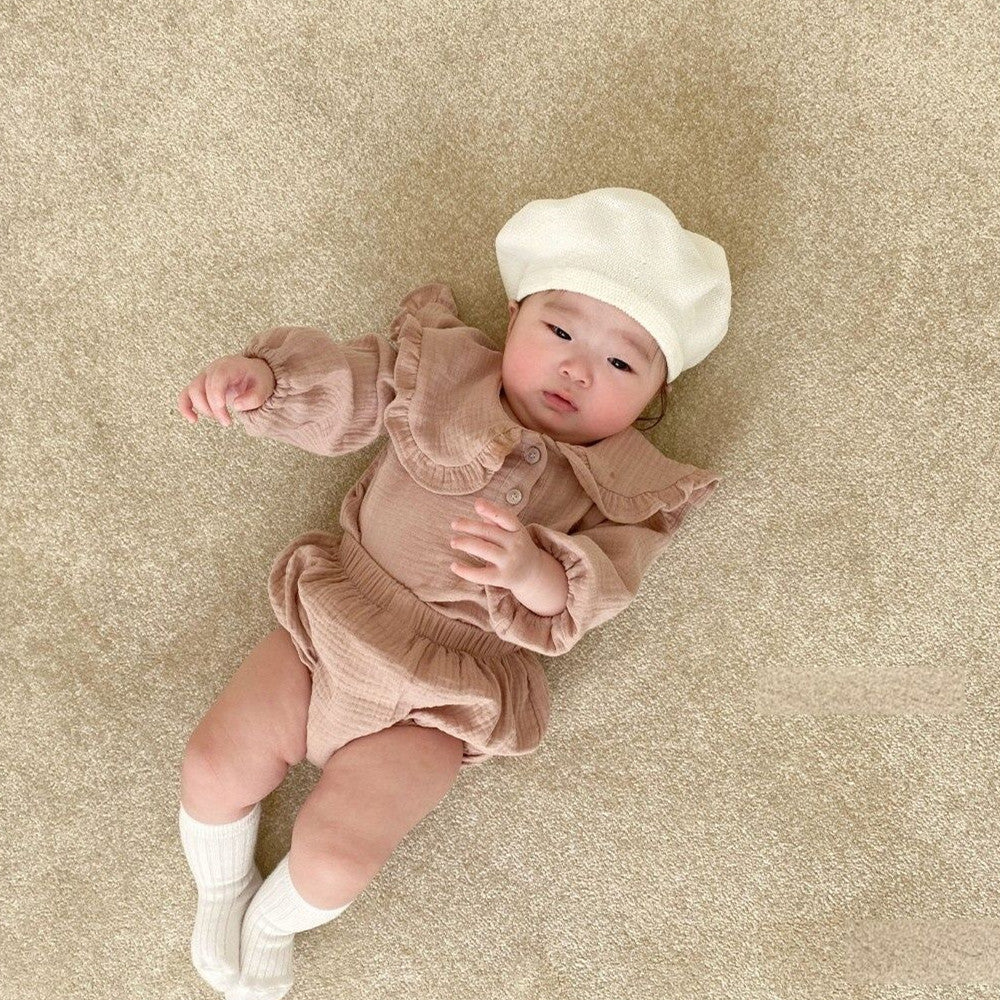 Baby Wrinkled Cotton Ruffle Collar Lapel Top Pants Set - Cindi Book