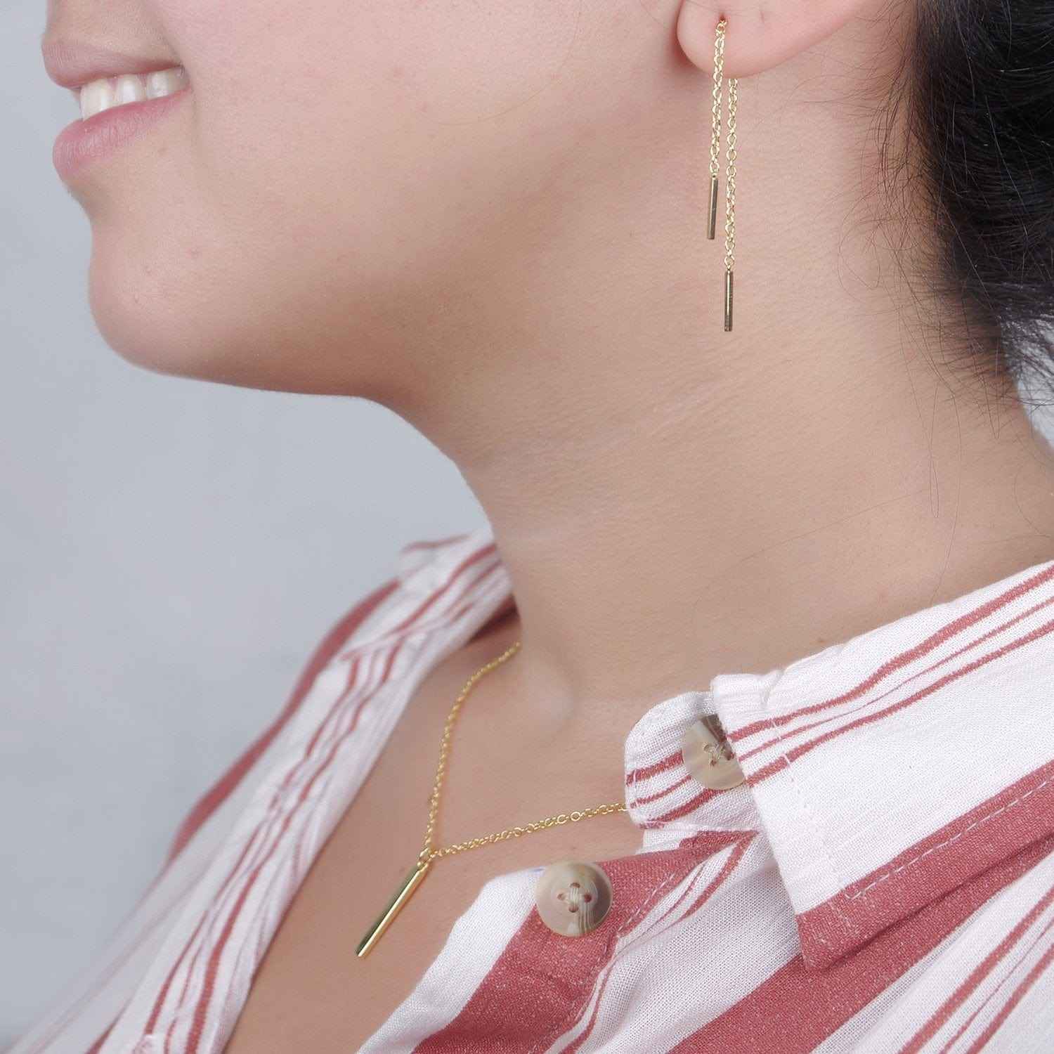 Aunt-Niece Gold Bar Earring Threader and Necklace Jewelry Set