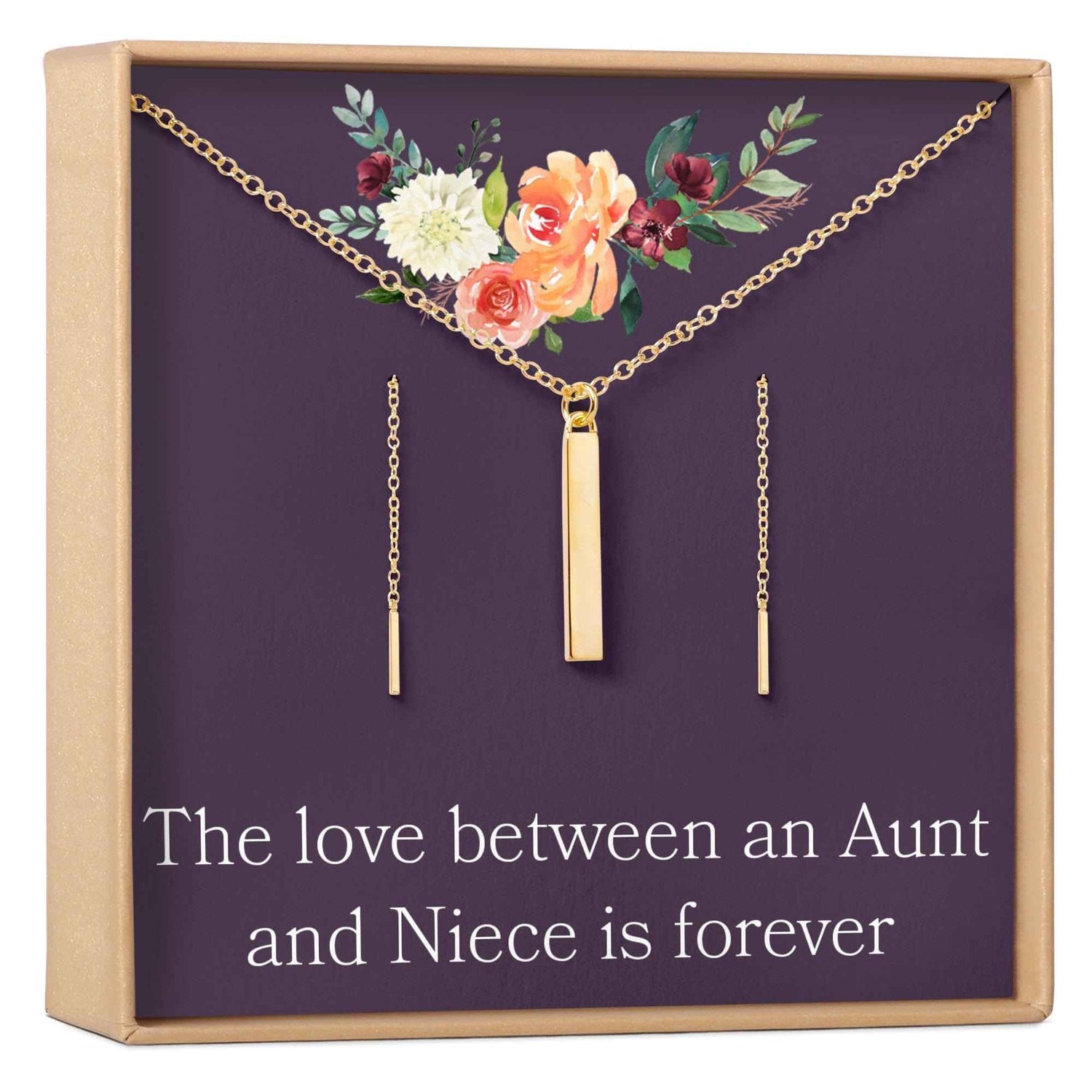 Aunt-Niece Gold Bar Earring Threader and Necklace Jewelry Set