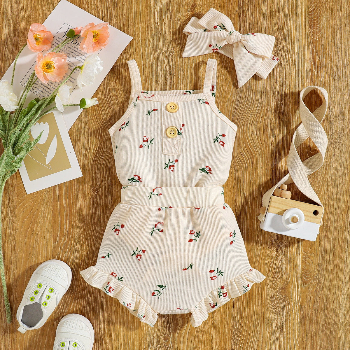 Infant Set Waffle Floral Print Suspenders Three Piece Set - Cindi Book