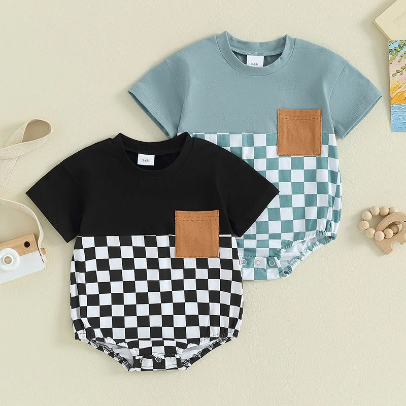 Baby Summer Jumpsuit Waffle Patchwork Pocket Short Sleeve - Cindi Book