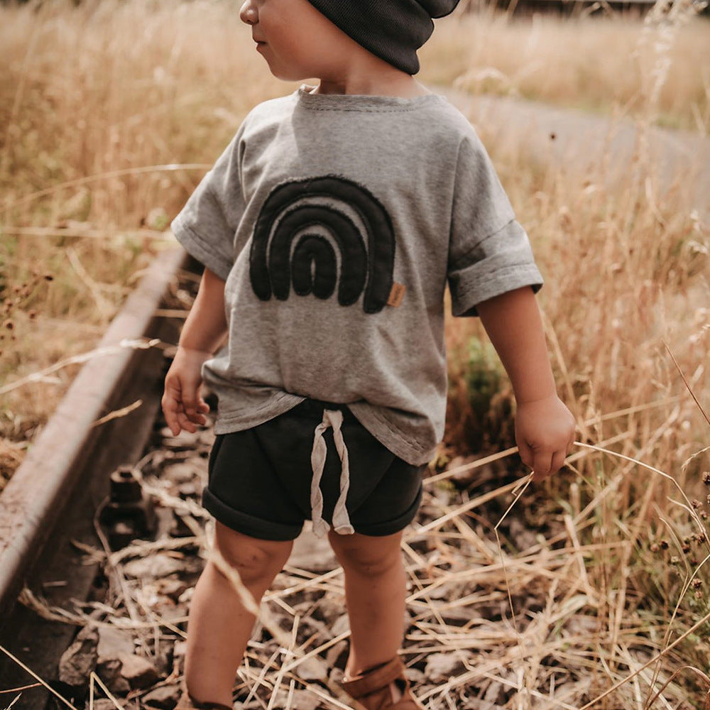 Baby Boys And Girls Cute Round Neck Rainbow Embroidered Short Sleeve - Cindi Book
