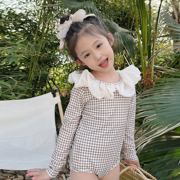 Long Sleeve One-piece Flower Collar Swimsuit For Girls - Cindi Book