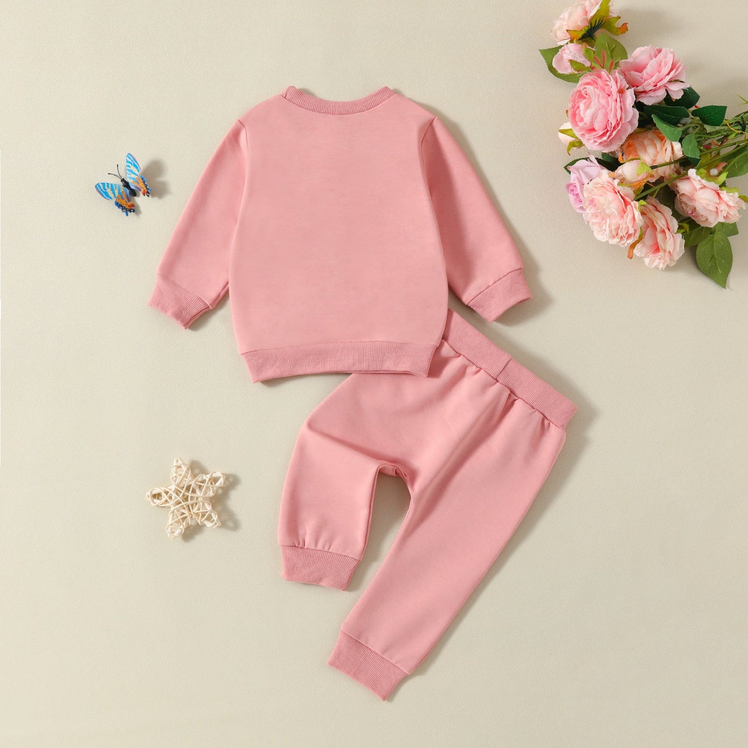 Girls Printed Solid Color Hoodie Trousers Casual Two-Piece Set