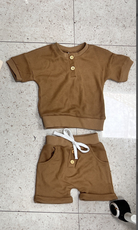 Three-color Short-sleeved Waffle Children's Suit - Cindi Book