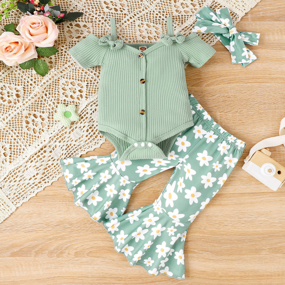 Solid Color Sling Off-shoulder Top Floral Bell-bottom Pants Suit - Cindi Book