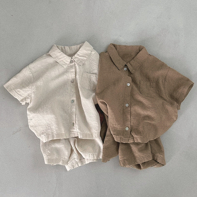 Boys And Girls Lapel Short Sleeve Top Shorts Casual Two-piece Suit - Cindi Book
