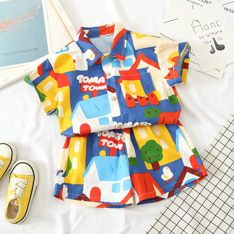 Baby Short Sleeve Shorts Cardigan Two-piece Set Animal Dinosaur Print - Cindi Book