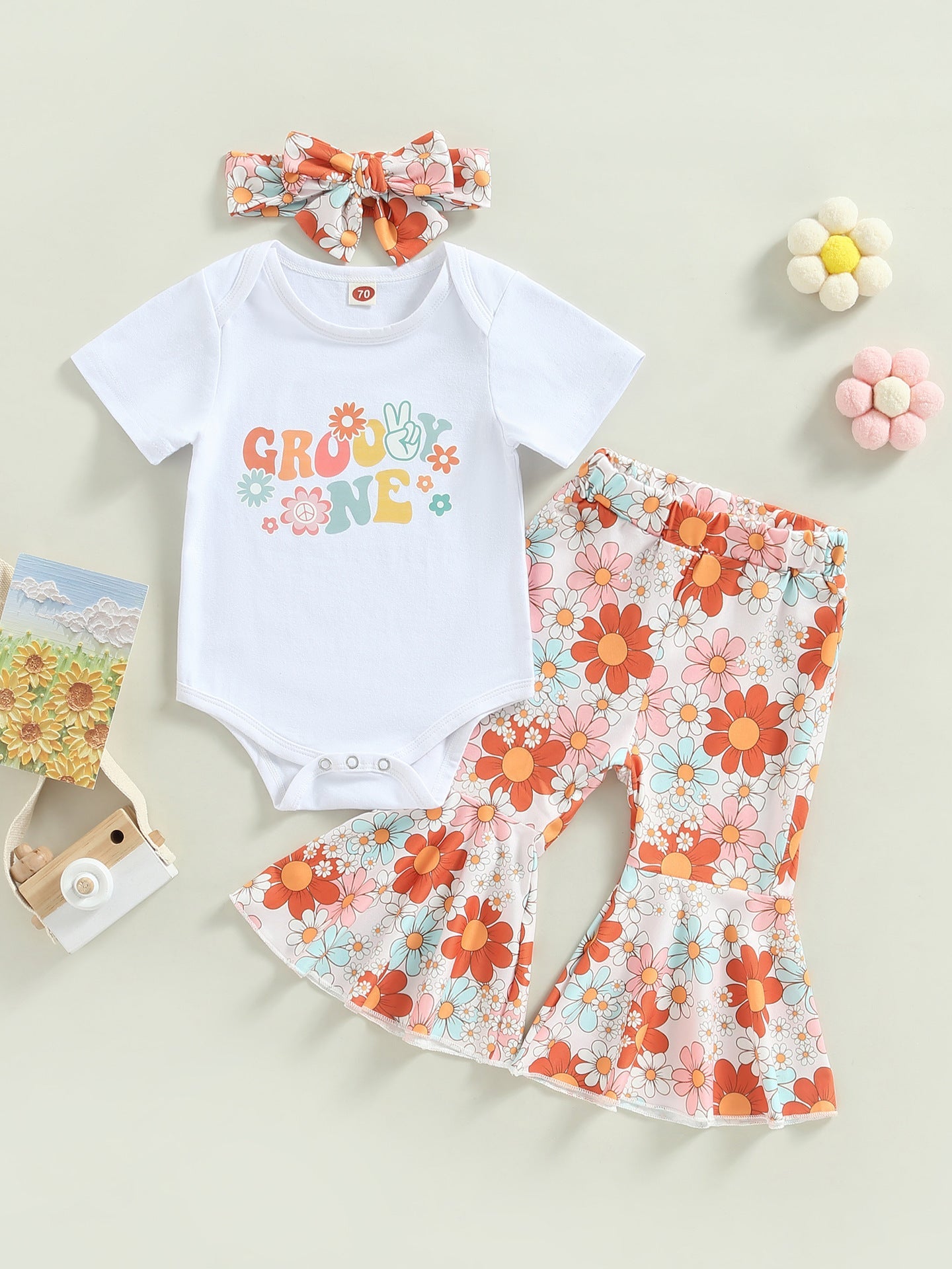 Girls Rainbow Flower Romper Bell-Bottom Pants Headscarf Three-Piece Set