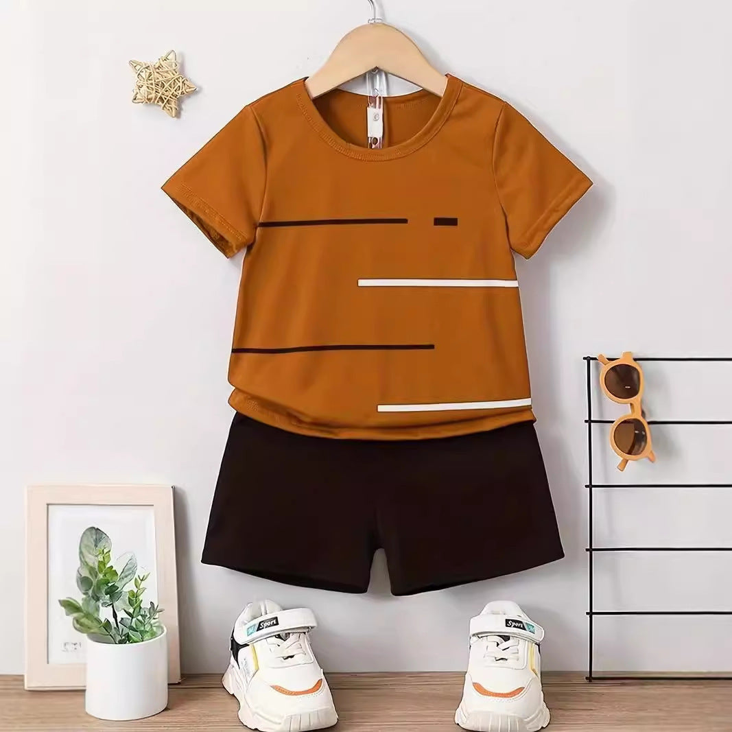New Short Sleeve T-Shirt Shorts Loose Color Matching Lines Two-Piece Set