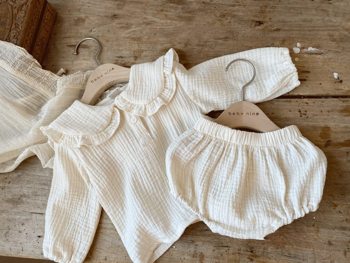 Baby Wrinkled Cotton Ruffle Collar Lapel Top Pants Set - Cindi Book