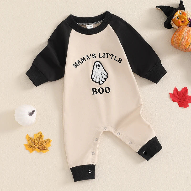Letter Ghost Embroidery Color blocked Long sleeved Cartoon Cute jumpsuit Crawler - Cindi Book