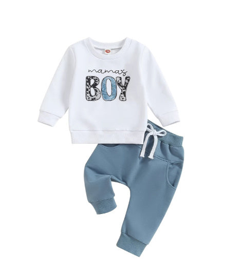 Sports Style Boys Letter Floral Print Long Sleeve Pullover Trousers Set