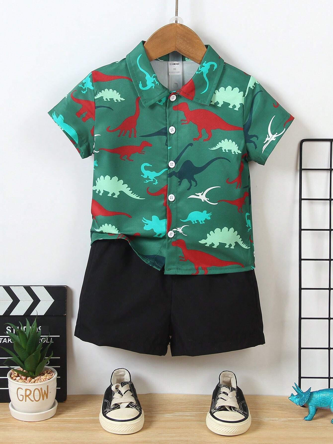 Baby Short Sleeve Shorts Cardigan Two-piece Set Animal Dinosaur Print - Cindi Book