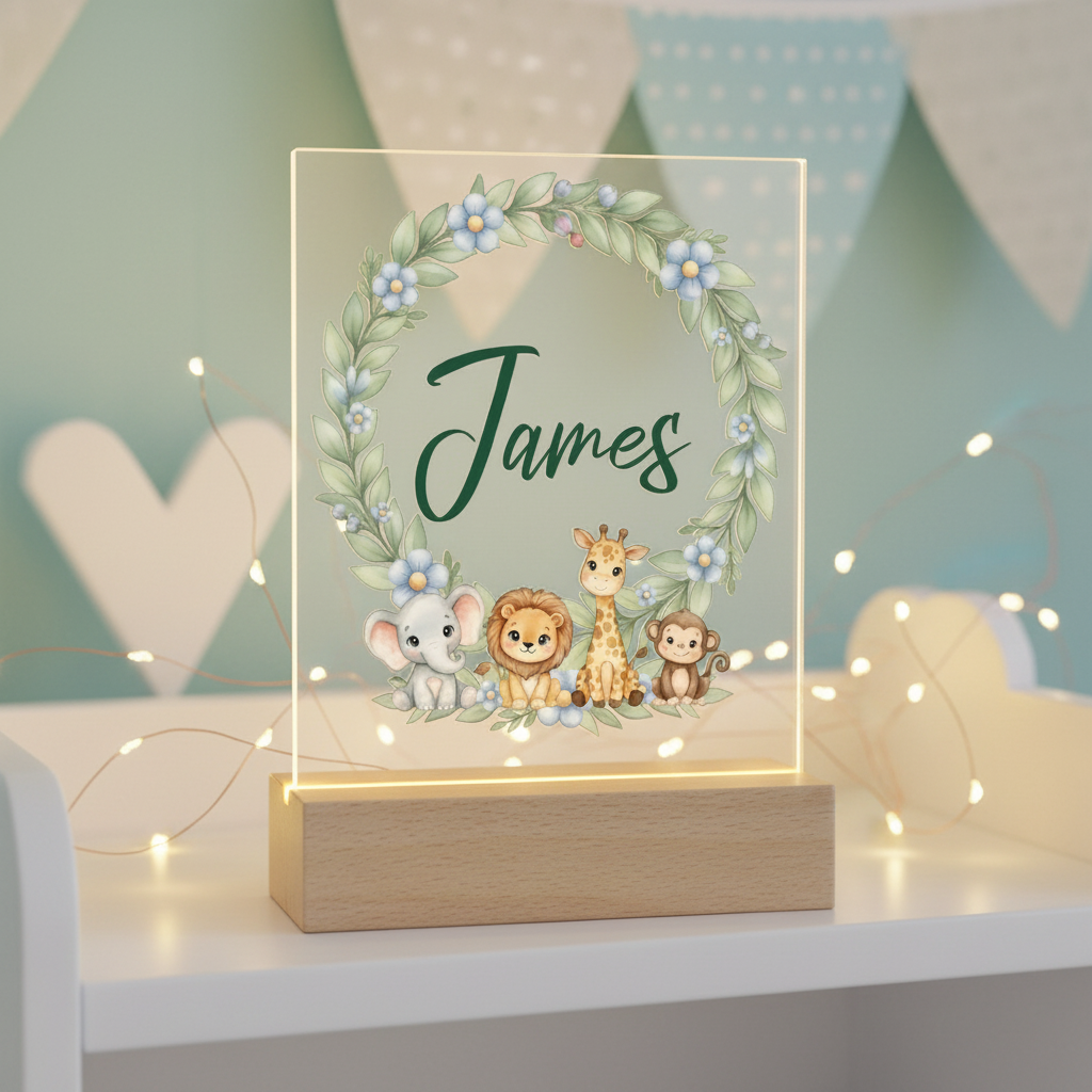Personalized Baby Safari Night Light with Name | Botanical Wreath, Elephant, Lion, Giraffe, and Monkey | Gender Neutral Nursery Gift