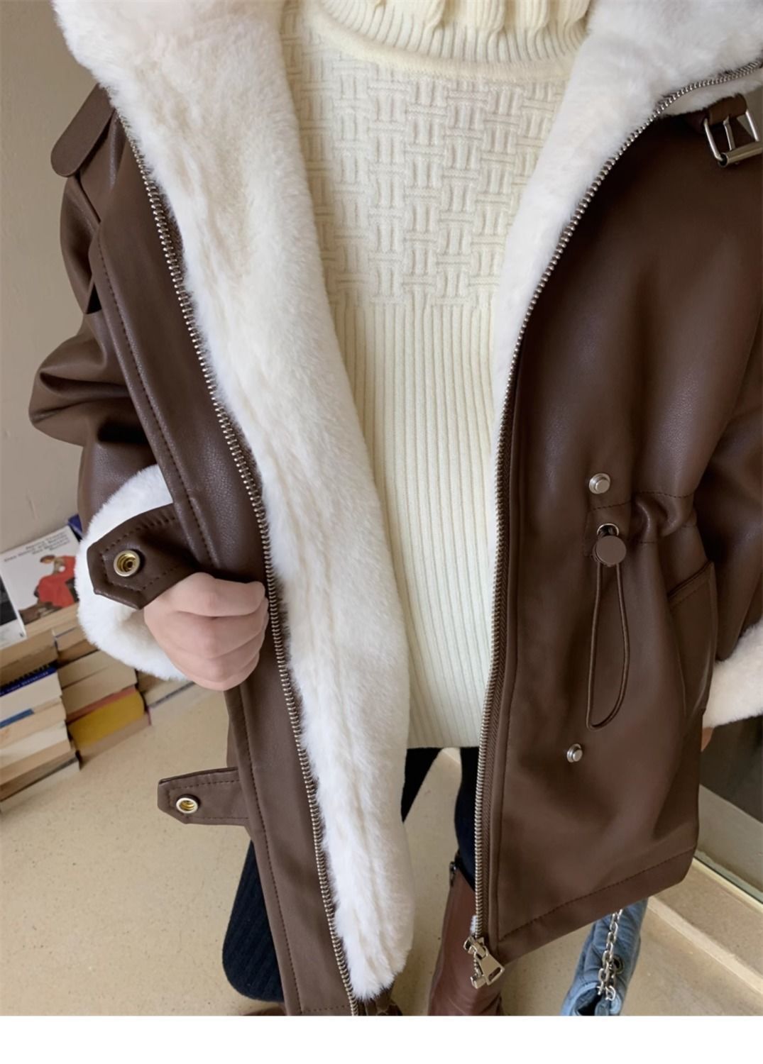 Girls' Winter Fleece-lined Medium Leather Coat - Cindi Book