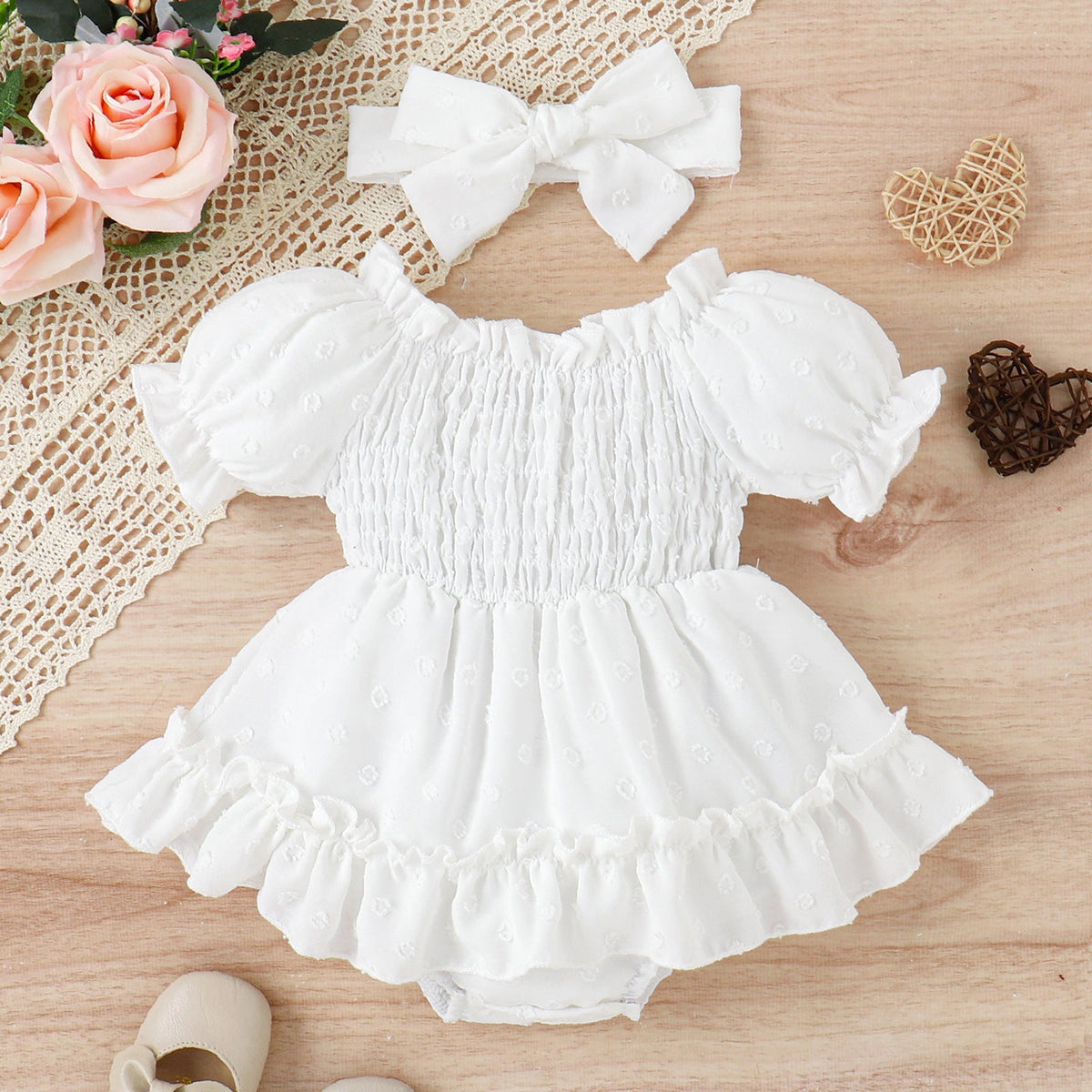 Three-color Jacquard Skirt Cute Puff Sleeve One-piece Rompers Jumpsuit With Headscarf - Cindi Book