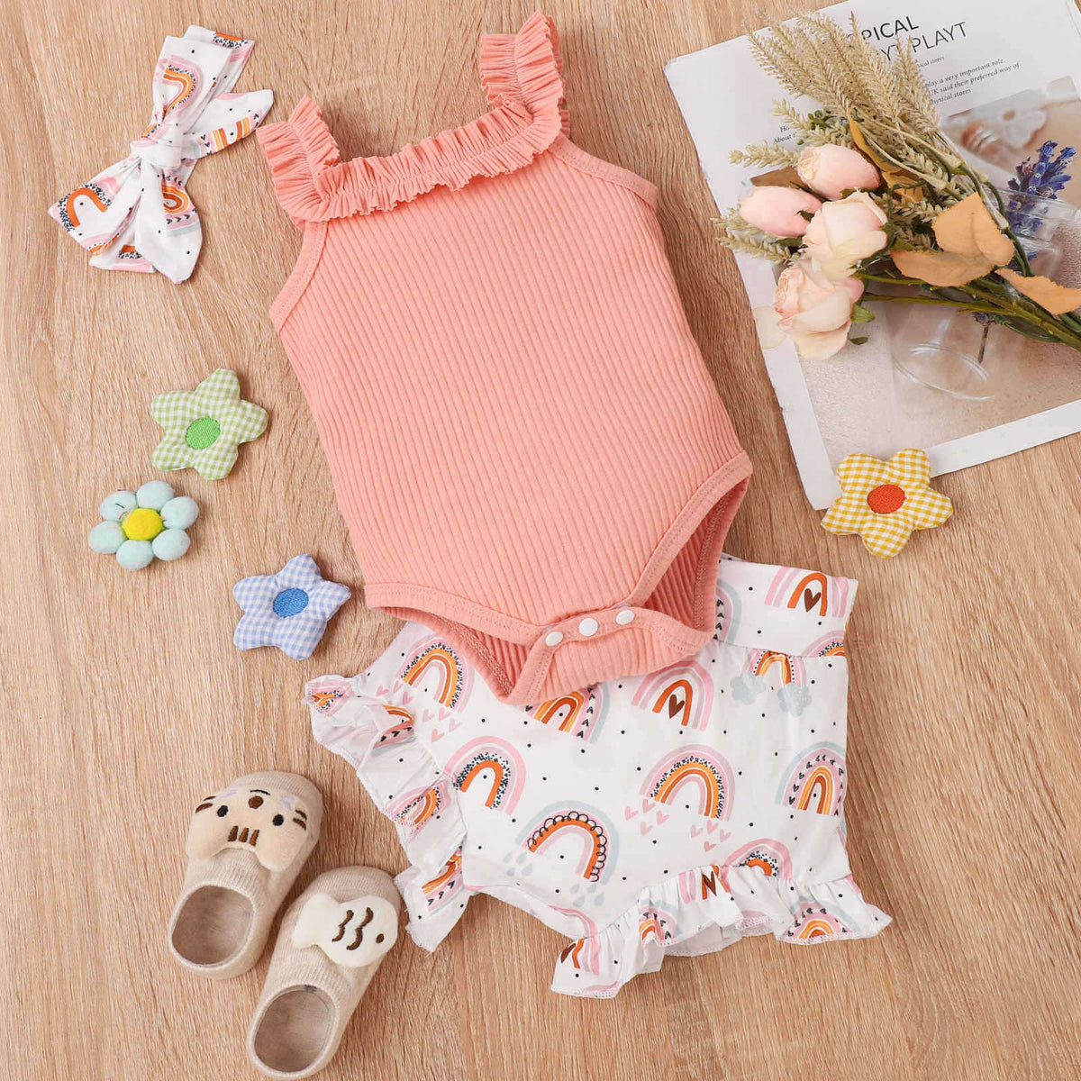Girls' Fashion Sling Pit Striped Harness Printed Shorts Set - Cindi Book