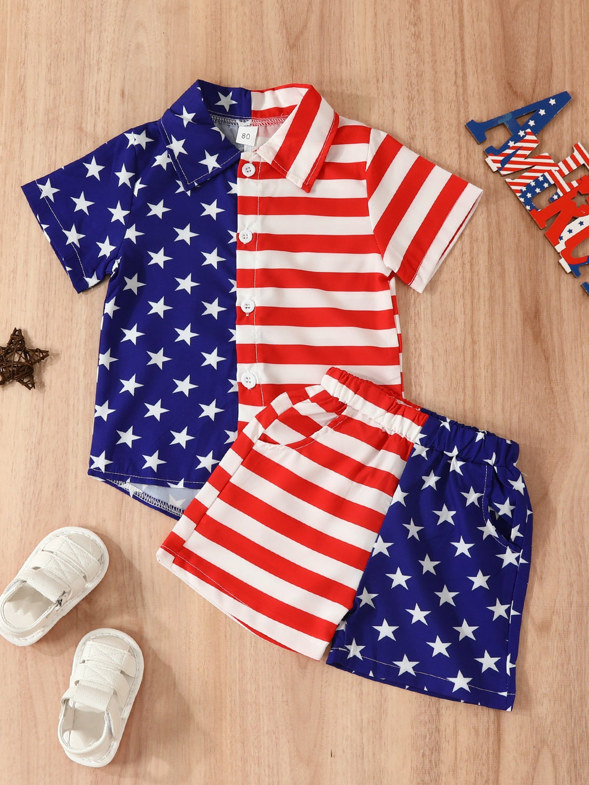 Summer Boys' Independent Japanese Star Stripe Single-breasted Short Sleeve Shorts Suit - Cindi Book