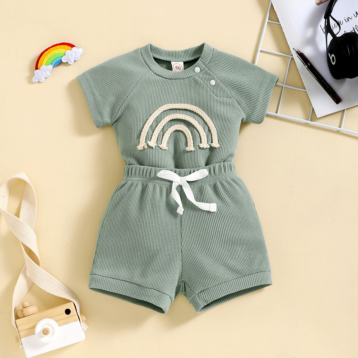 Rainbow Waffle Four-color Side Button Short Sleeve Baby Bodysuit Shorts Suit - Cindi Book