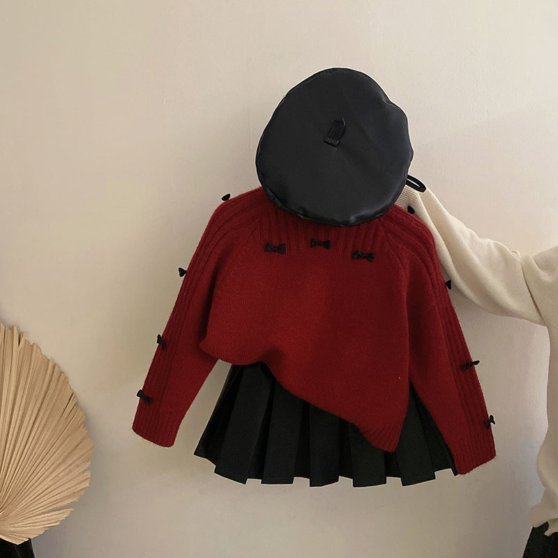 Sweet Bow-Knot Knit Sweater and Pleated Skirt for Little Girls New Autumnwinter Collection