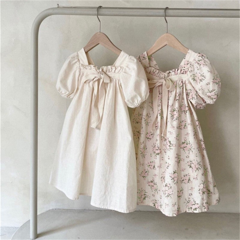 Girls Bow Bubble Sleeve Floral Square Neck Dress - Cindi Book