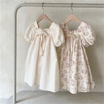 Girls Bow Bubble Sleeve Floral Square Neck Dress - Cindi Book
