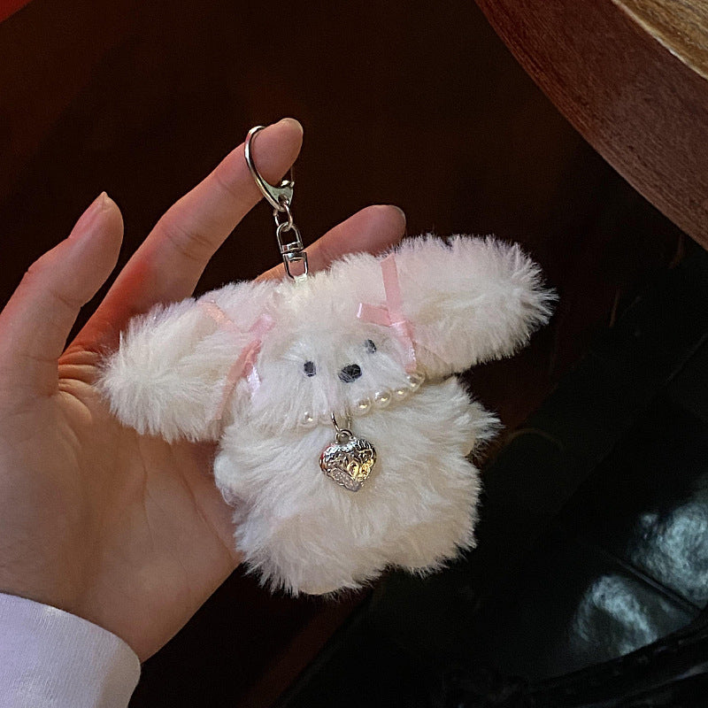 Niche Girl Heart Ribbon Pearl Bow Bunny Keychain Plush Pendant - Cindi Book