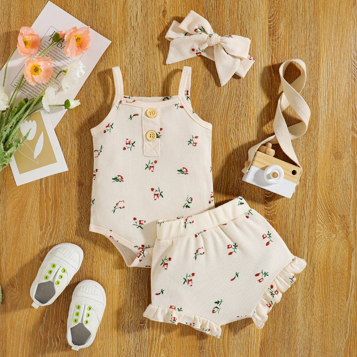 Infant Set Waffle Floral Print Suspenders Three Piece Set - Cindi Book