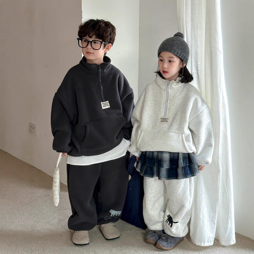 Winter Clothes For Boys And Girls Korean-style Labeling Half Zipper Two-piece Set - Cindi Book