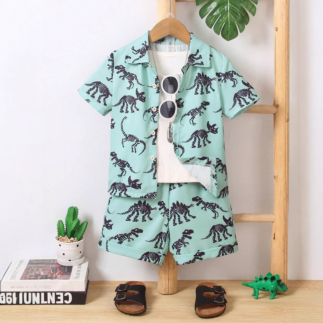 Baby Short Sleeve Shorts Cardigan Two-piece Set Animal Dinosaur Print - Cindi Book