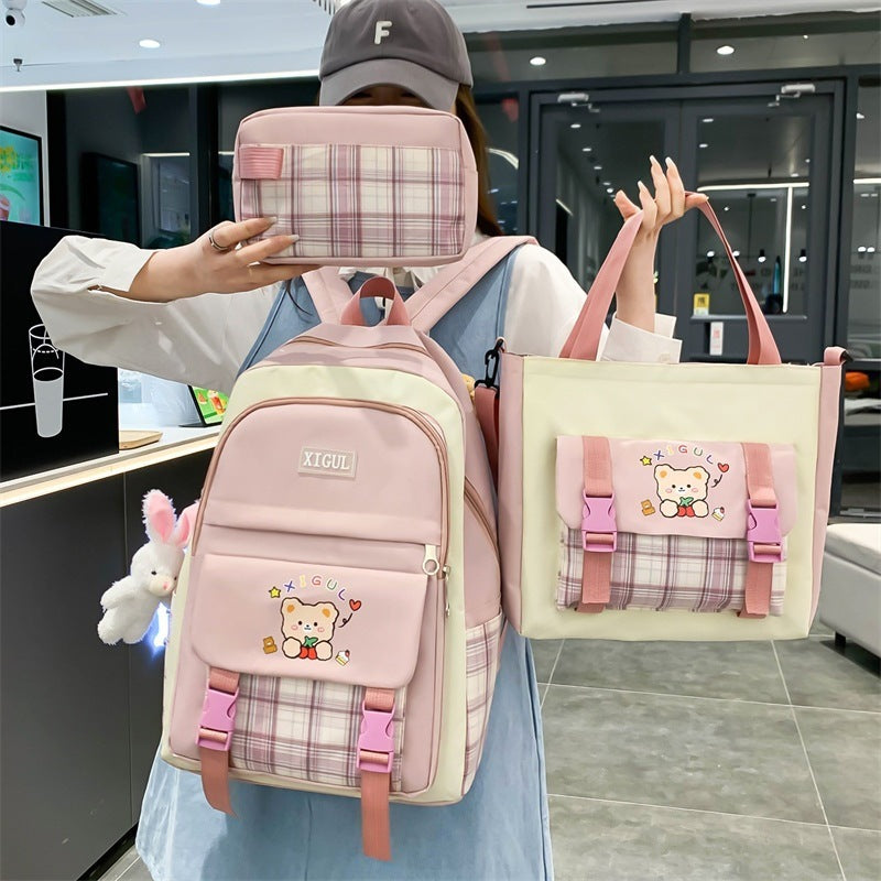 Large Capacity High School Plaid Three-piece Set Junior High School Student Elementary School Studebt Backpack - Cindi Book