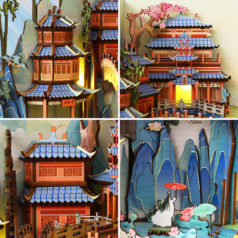 Penglai Fairyland Cottage Three-Dimensional Book Stand Handmade Model