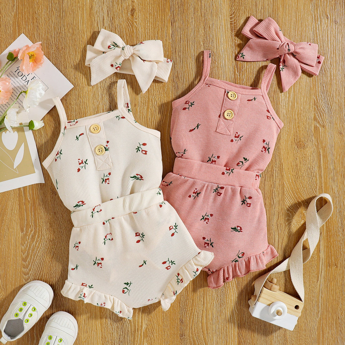 Infant Set Waffle Floral Print Suspenders Three Piece Set - Cindi Book