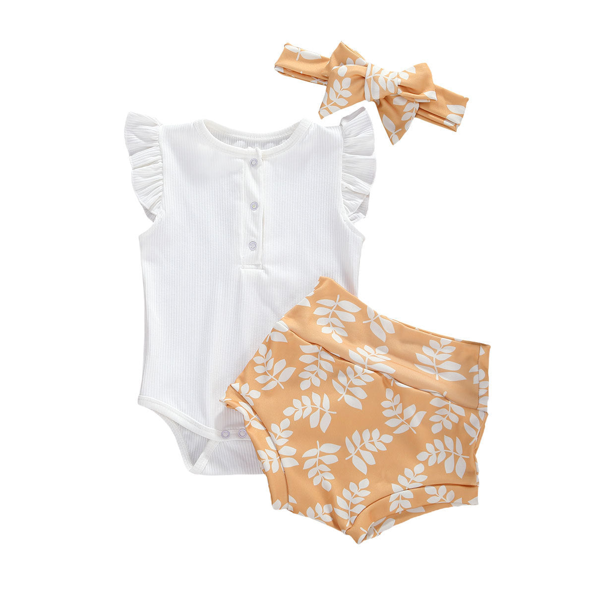 Infant And Toddler Suits Baby Girl Dark Button White Top  Printed Shorts Suit Thre-piece Set - Cindi Book