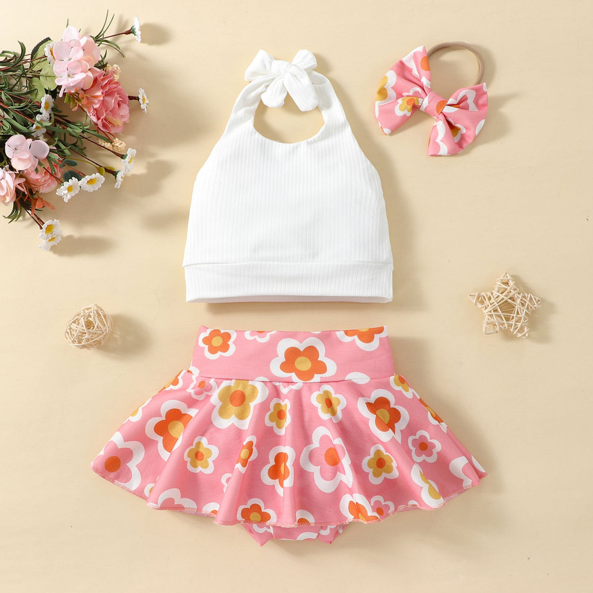 Ins Girls' New Solid Color Sling Top Flower Skort Suit - Cindi Book