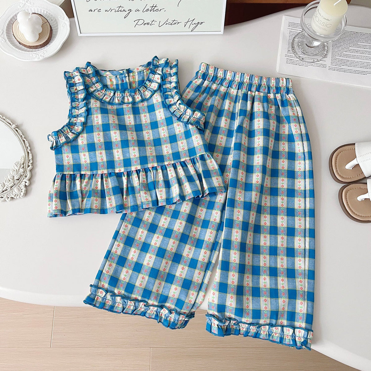 New Summer Korean-Style Polyester Plaid Three-Piece Set For Girls - Cindi Book