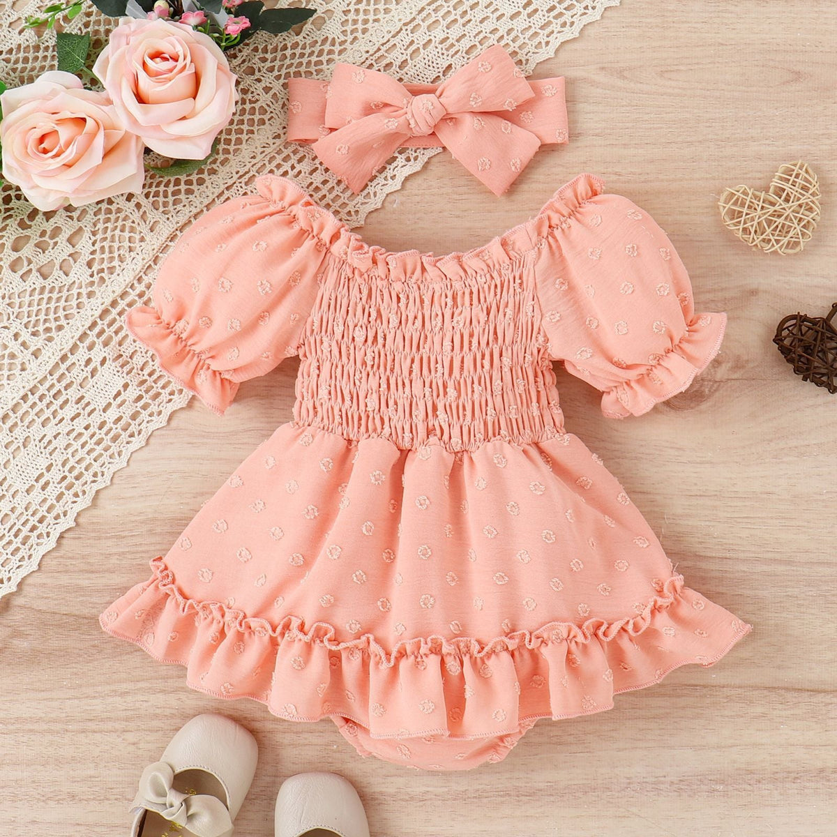 Three-color Jacquard Skirt Cute Puff Sleeve One-piece Rompers Jumpsuit With Headscarf - Cindi Book